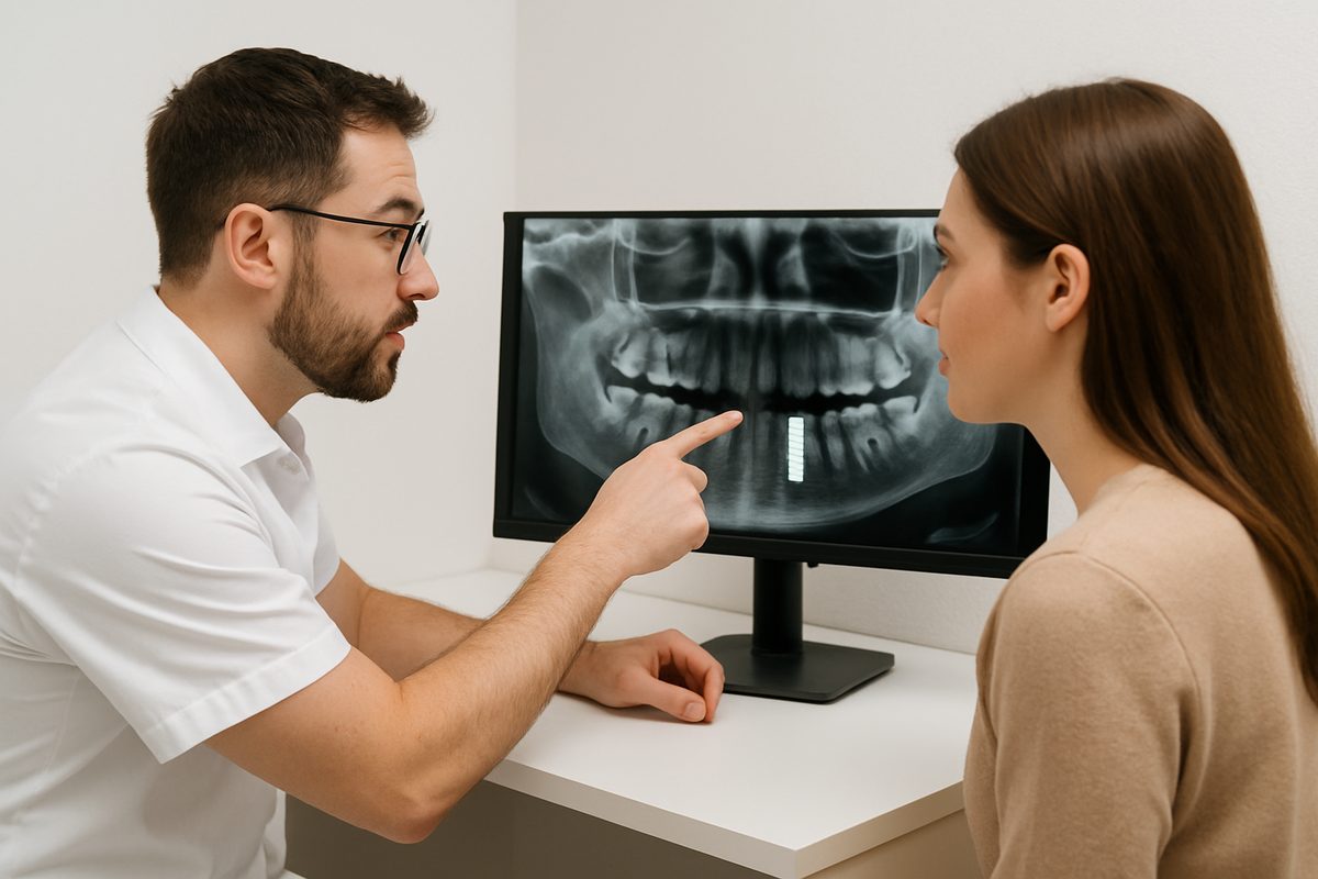 A dentist is consulting with a patient, pointing to a digital scan of their jawbone, illustrating the dental implant placement plan. No text on image.