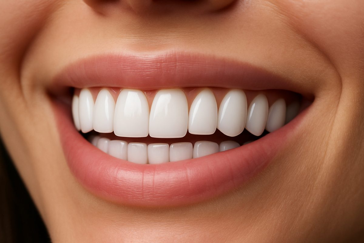 Close up of a perfect white smile with veneers on the front teeth. No text on image.