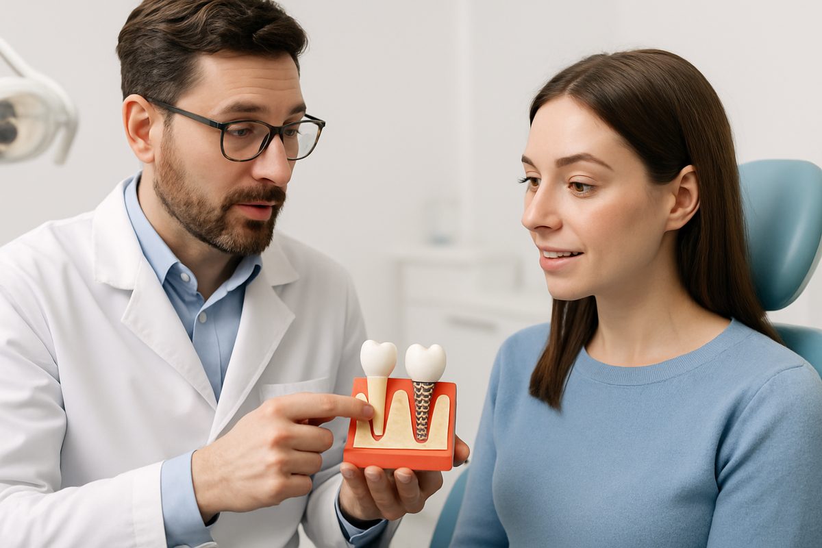 A dentist is explaining to a patient what a dental implant looks like while pointing to a model of a jaw with a dental implant, abutment, and crown. No text on the image.