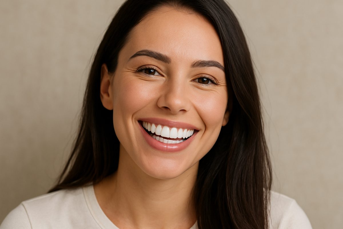 Image of a person smiling with a perfect white smile due to porcelain veneers. There is no text on the image.
