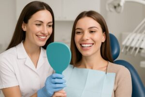 A female patient is smiling and showing off her new porcelain veneers in a dental office setting. The dentist is standing next to her, holding a mirror so she can see her new smile. No text on image.
