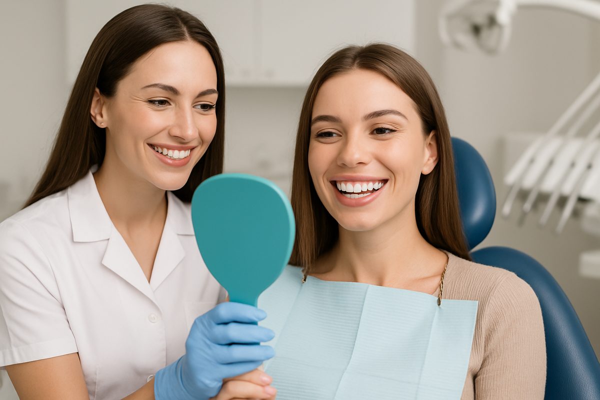 A female patient is smiling and showing off her new porcelain veneers in a dental office setting. The dentist is standing next to her, holding a mirror so she can see her new smile. No text on image.