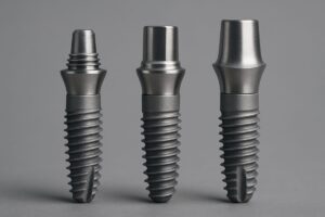 Close up studio shot of three titanium dental implants, each with a different abutment attached. No text on image.