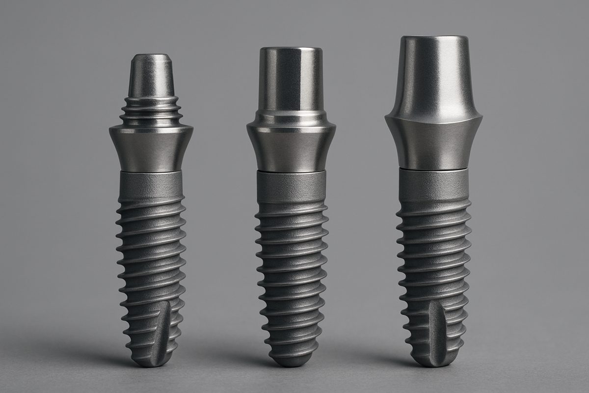 Close up studio shot of three titanium dental implants, each with a different abutment attached. No text on image.