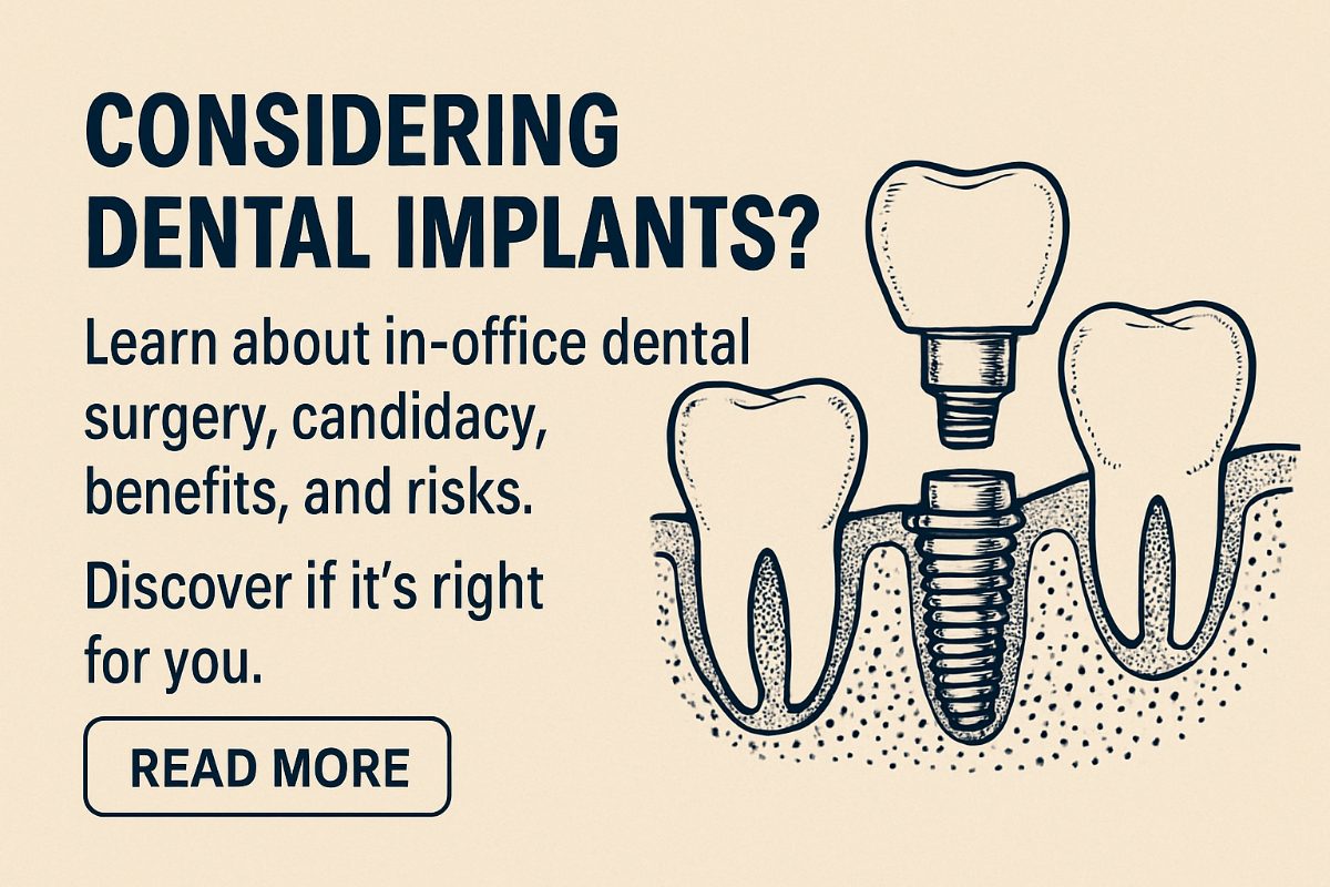 A modern dental office operating room with advanced technology, including a digital screen showing a 3D scan of a patient's jaw. A dentist and dental assistant are working together, with the dentist holding a surgical instrument. No text on the image.