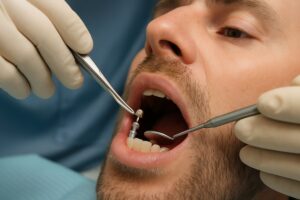Image of a dentist fitting a dental abutment onto a patient's dental implant, with focus on the precision and connection of the parts. No text on the image.