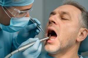 A dentist is carefully using surgical tools to insert a dental implant into a patient's jawbone, showcasing the precision of modern dental implant procedures. No text on the image.