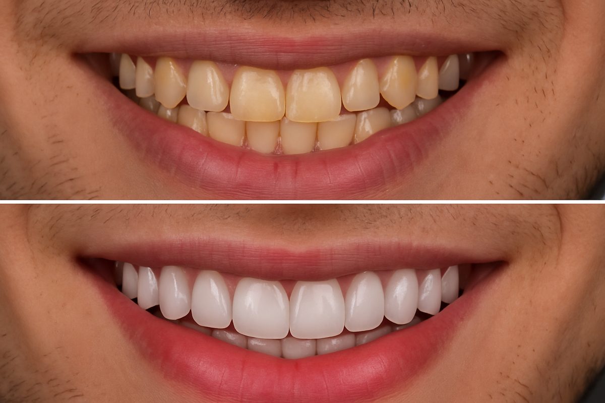 A before-and-after photo showcasing a patient's smile transformation with porcelain veneers, highlighting improved alignment and whiter teeth. No text on image.