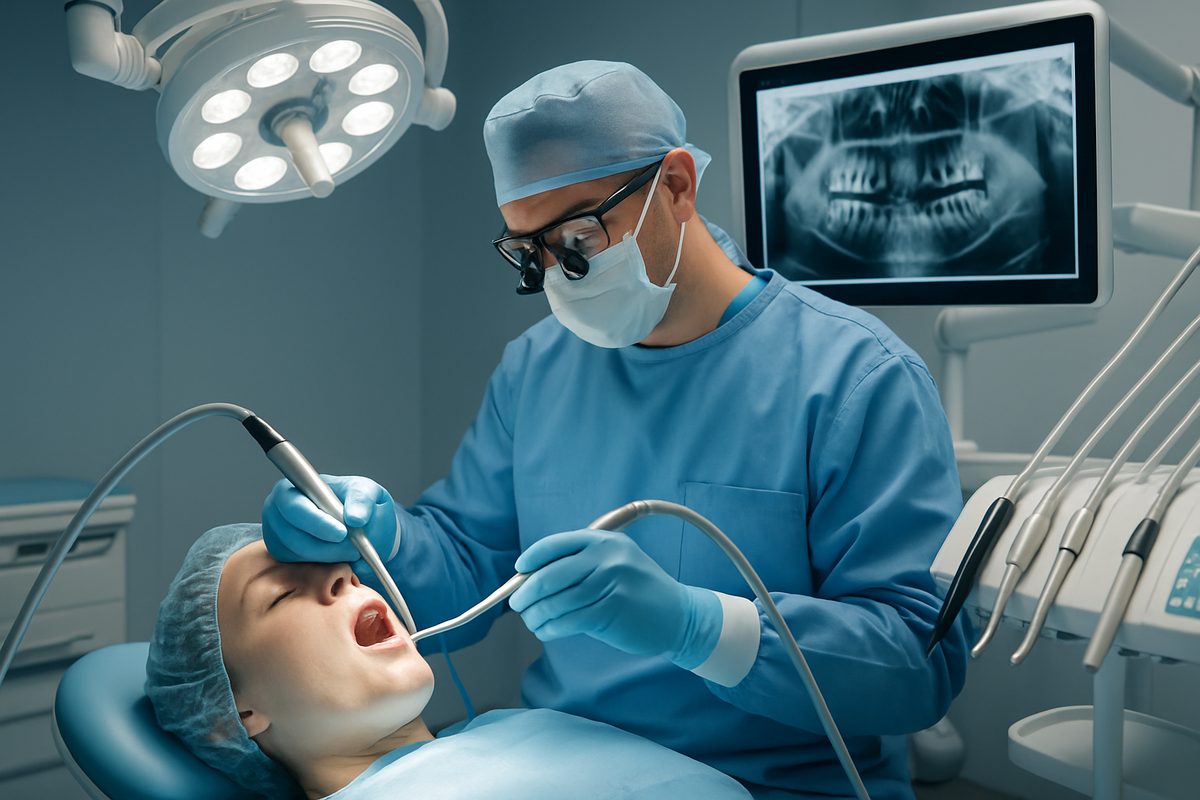 A dentist in an operating room is performing a teeth operation on a patient, using modern tools and technology. No text on image.