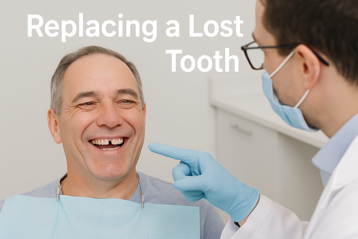 A person with a missing tooth is smiling, and a dentist is pointing to the gap while explaining tooth replacement options. The text on the image says "Replacing a Lost Tooth".
