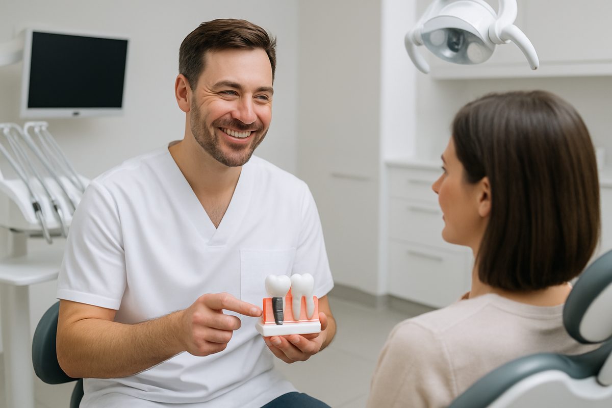 A modern, clean dental office setting with a dentist smiling and consulting with a patient about dental implant options. No text on image.