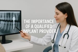 A caring, qualified "doctor implant" provider is consulting with a patient, pointing to a digital scan showing the placement of a dental implant. The text on the image says "The Importance of a Qualified Implant Provider".