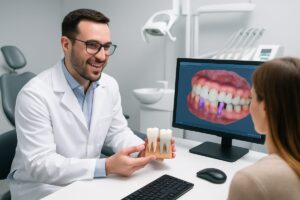 Image of a dentist in Cleveland explaining dental implant options to a patient, using a digital scan of the patient's mouth on a computer screen. The office is modern and clean, showing advanced dental technology. No text on the image.