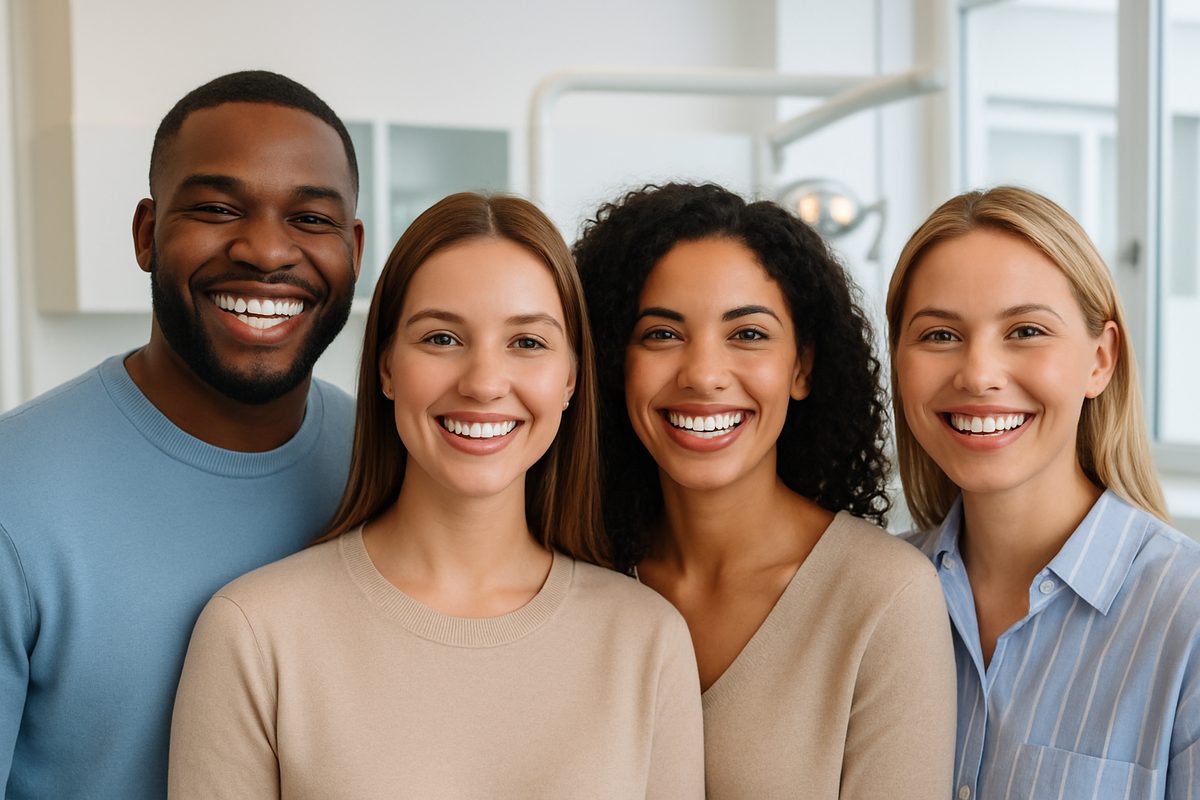 A diverse group of smiling people with perfect teeth, showcasing the aesthetic results of veneers, set against a clean, modern dental office backdrop. The image should evoke confidence and satisfaction. No text on image.