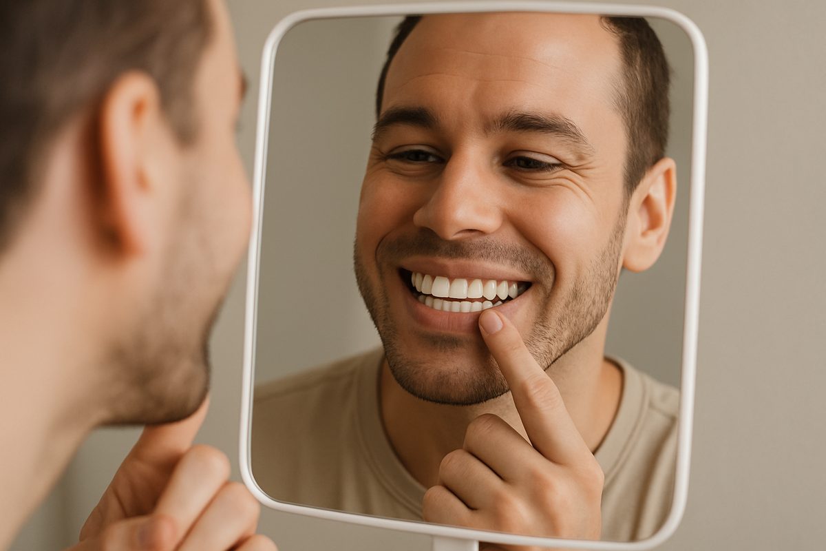 A person looking in a mirror, examining their smile and the appearance of their cosmetic veneers, with a focus on assessing their aesthetic appeal and natural look.