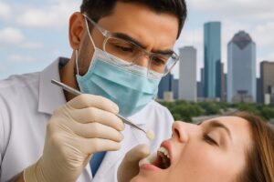 Close-up of a dentist in Houston, TX, carefully placing a porcelain veneer on a patient's tooth, with the city skyline subtly visible in the background. The image should convey precision, artistry, and the promise of a beautiful, enhanced smile. No text on the image.