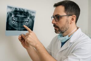 A dentist is carefully examining a patient's jaw X-ray, pointing to the area where a jaw bone implant could be placed. The image should convey precision and expertise in dental implant procedures. No text on the image.