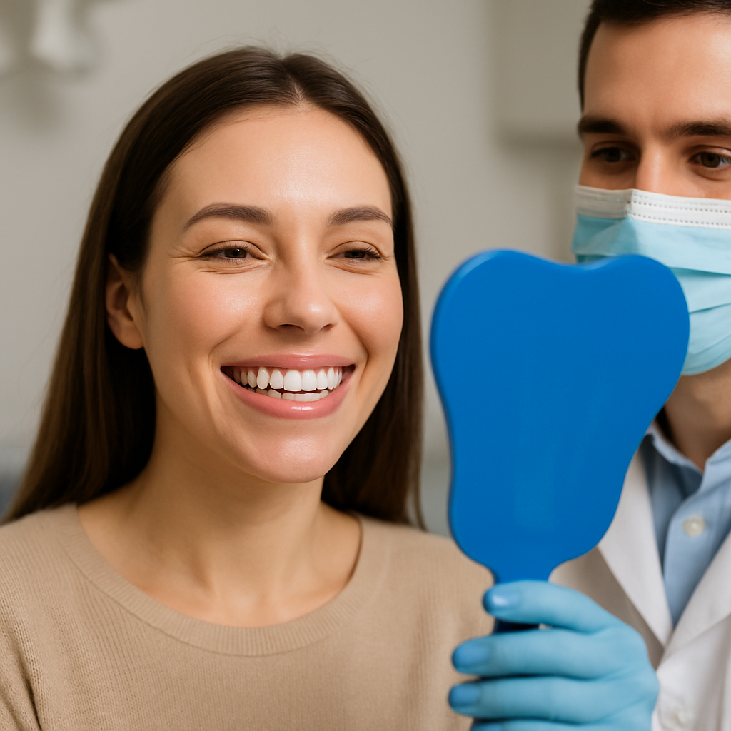 A woman smiling with perfect white teeth after receiving porcelain veneers. The dentist is holding a mirror, allowing her to see the transformation. No text on the image.