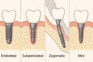 An infographic comparing the different types of dental implants (endosteal, subperiosteal, zygomatic, mini). No text on image.