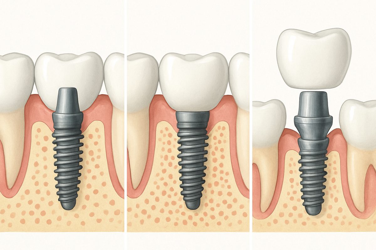 A step-by-step diagram of how a dental implant is installed in a patient's mouth, showing the initial placement of the implant into the jawbone, the osseointegration process, and the final placement of the crown. No text on image.