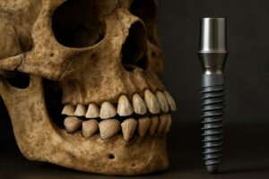 Image of an ancient skull with shells used as teeth alongside a modern titanium dental implant. No text on the image.