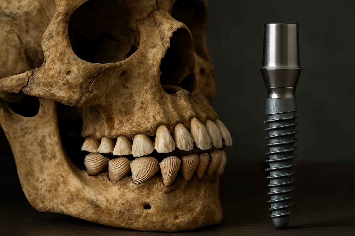 Image of an ancient skull with shells used as teeth alongside a modern titanium dental implant. No text on the image.