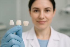 A dentist is holding up different types of teeth coverings, including porcelain veneers, crowns, and composite veneers, to show the variety of options available for cosmetic dentistry. No text on image.