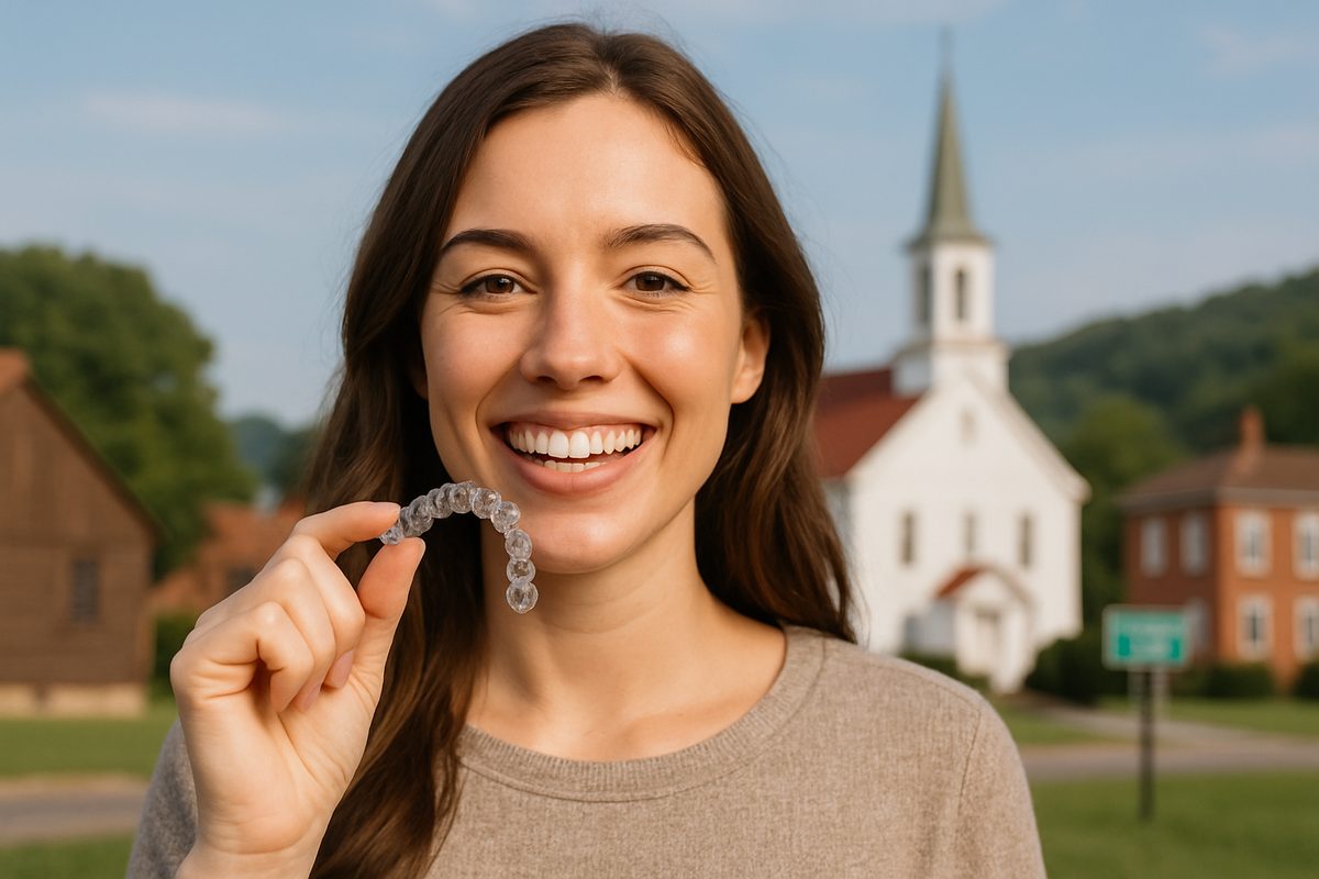 A young woman smiling, showing off her clear Invisalign aligners. She is standing in front of a blurred image of Gnadenhutten, OH. No text on image.