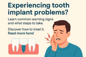 A concerned patient points to their lower jaw in a dentist's chair, with a visible dental implant and inflamed gums, highlighting potential tooth implant problems. No text on image.
