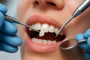 Close up image of a dentist applying a porcelain veneer to a chipped front tooth, with dental tools and bright lighting. No text on image.