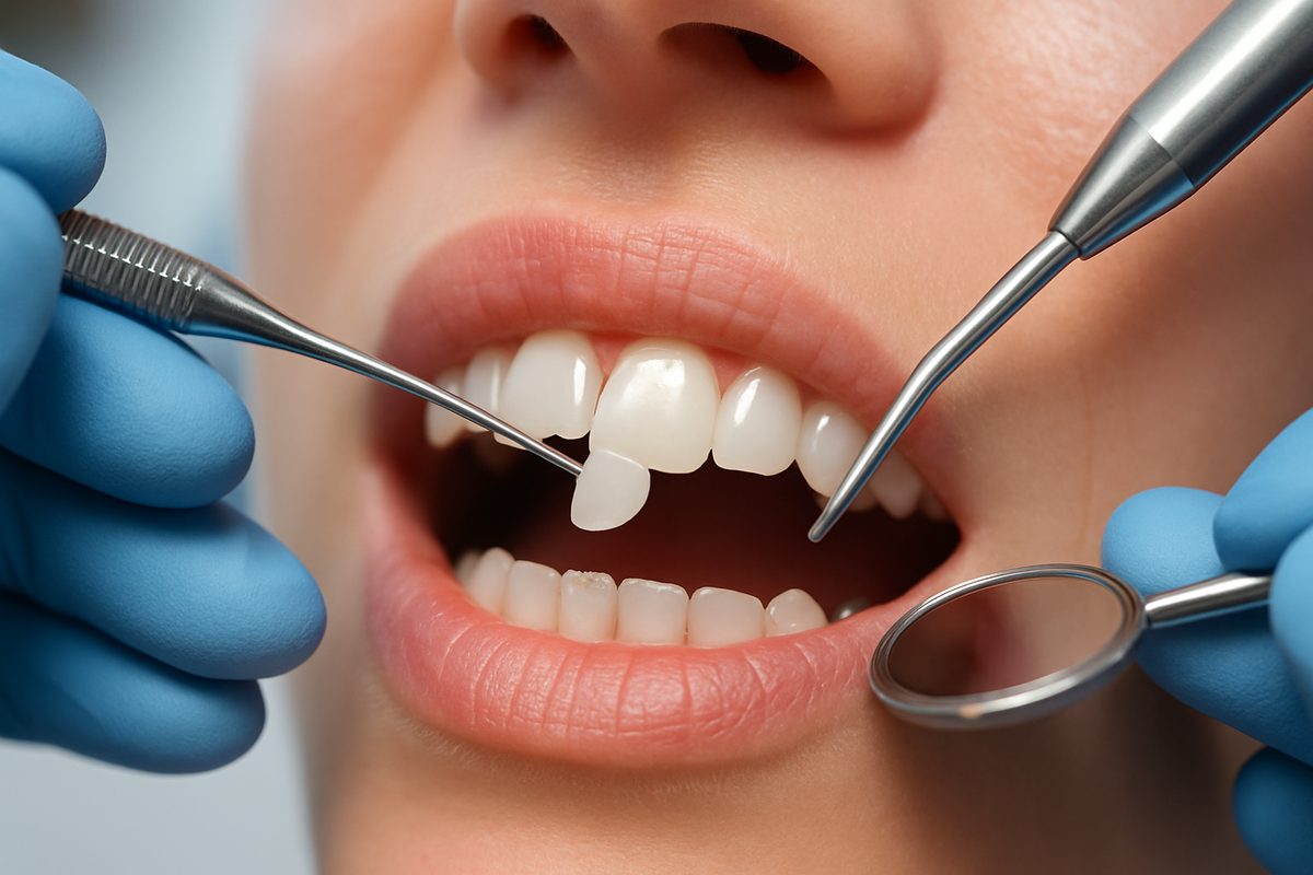 Close up image of a dentist applying a porcelain veneer to a chipped front tooth, with dental tools and bright lighting. No text on image.