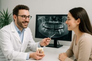 A friendly dentist is consulting with a patient about dental implant options, pointing to a digital scan of their jaw. No text on image.