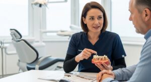 Dentist consulting with a patient about dental implant options in a modern dental office.