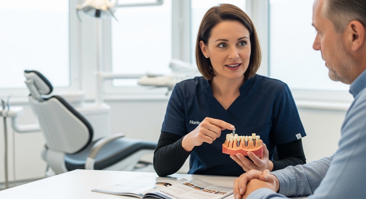 Dentist consulting with a patient about dental implant options in a modern dental office.