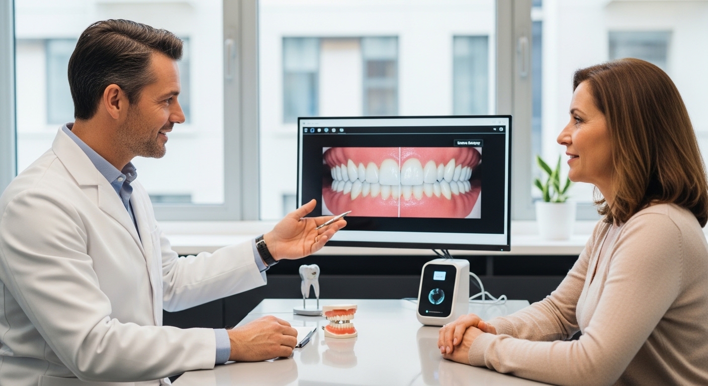 Dentist discussing cosmetic dental surgery options with a patient in a modern office