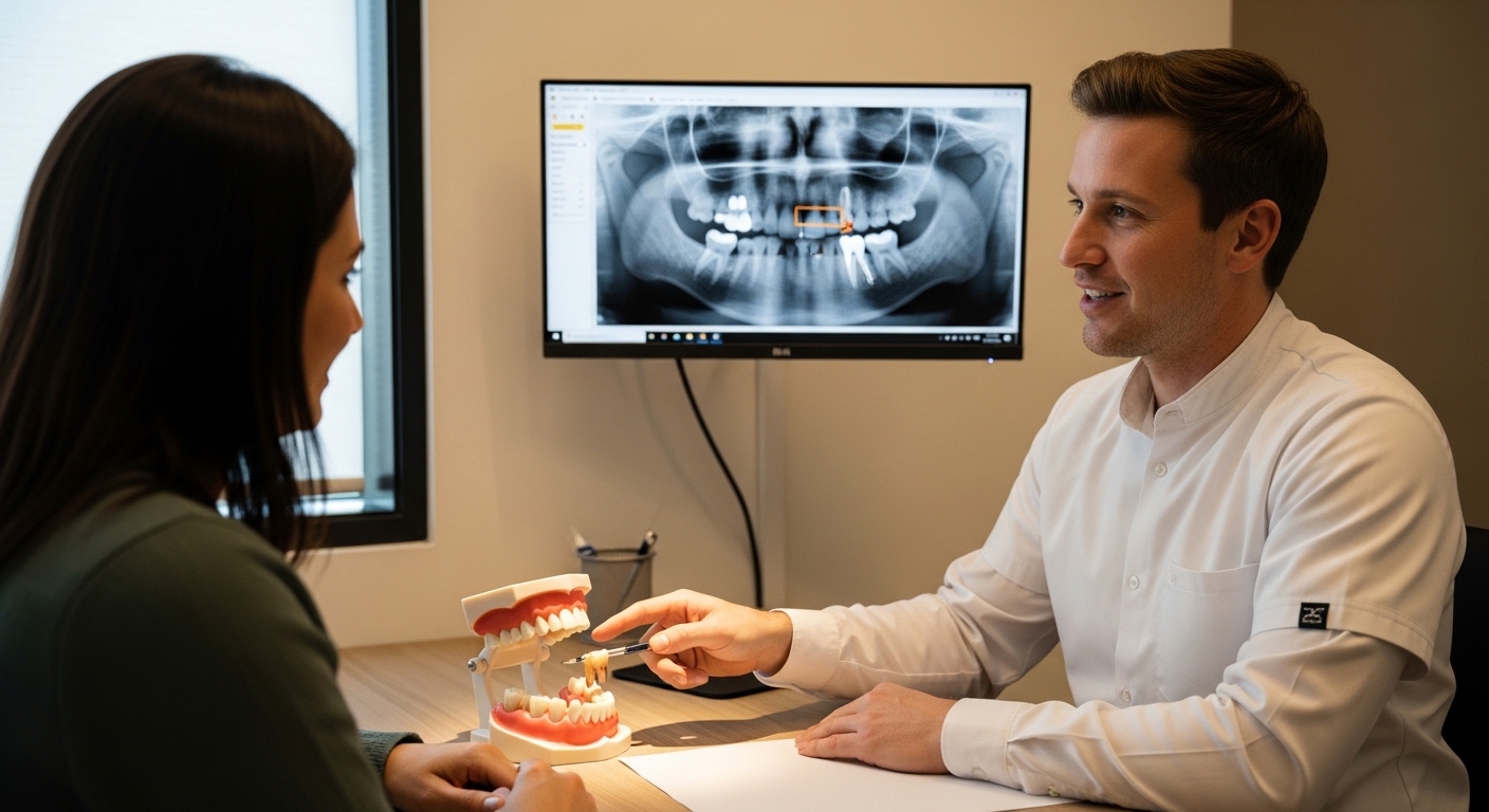 Dentist consulting patient on dental restoration in modern office