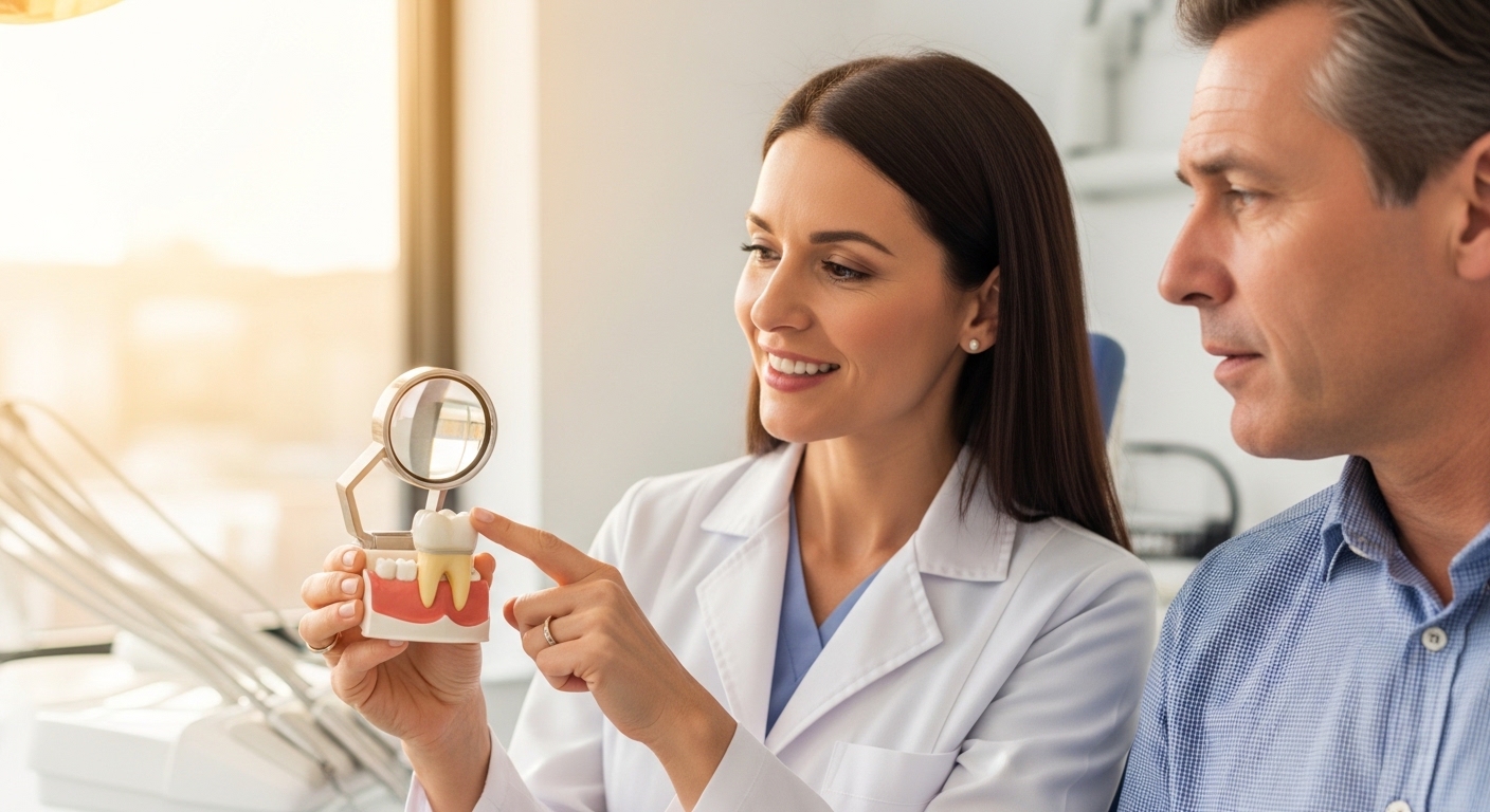 Dentist consulting with a patient about dental caps