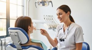 Friendly receptionist greeting a patient at a modern dental office