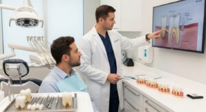 A dentist discussing porcelain teeth with a patient in a dental office.
