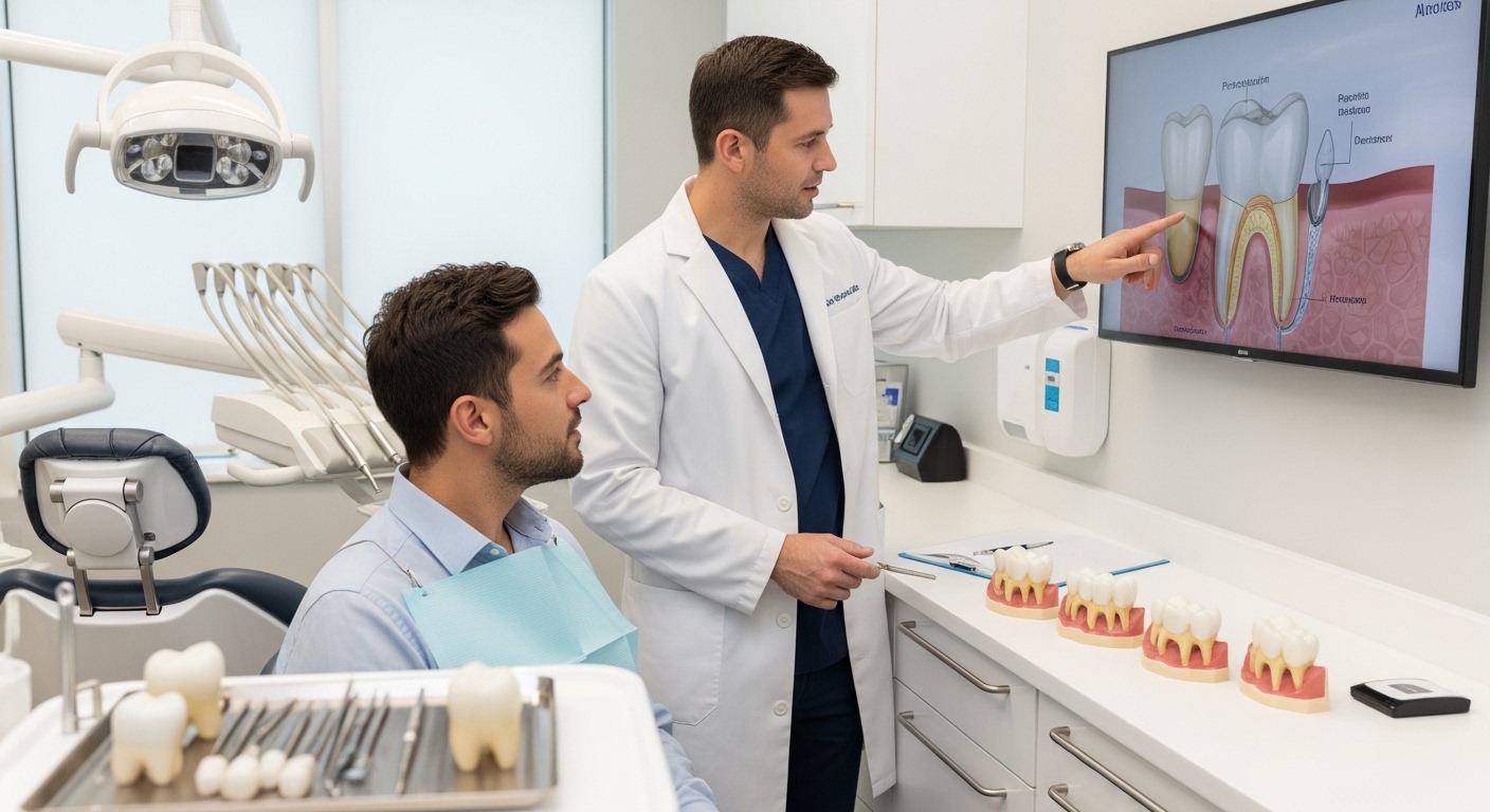 A dentist discussing porcelain teeth with a patient in a dental office.