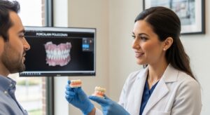 Dentist explaining porcelain dental implants to patient in modern office