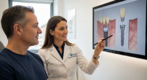 Dentist discusses dental implant abutments with a patient.