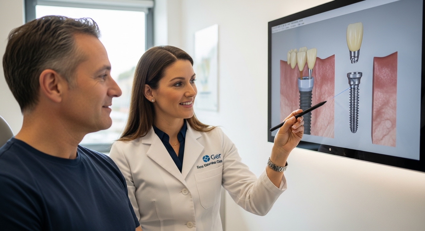Dentist discusses dental implant abutments with a patient.