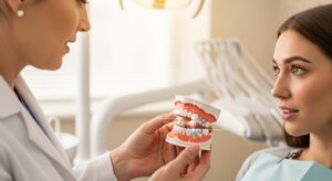 Dentist discussing dental coverings with a patient in a modern clinic.