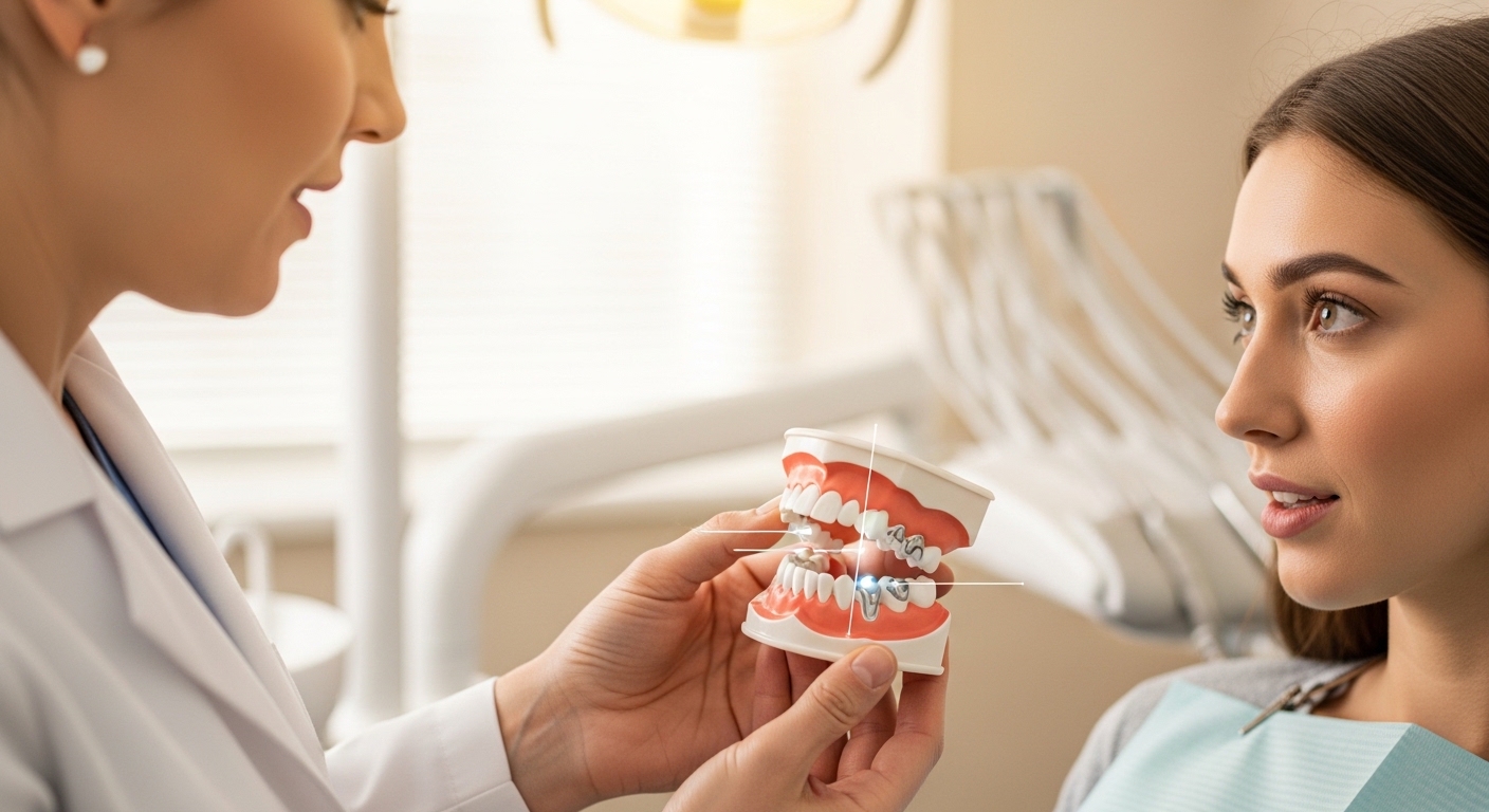 Dentist discussing dental coverings with a patient in a modern clinic.