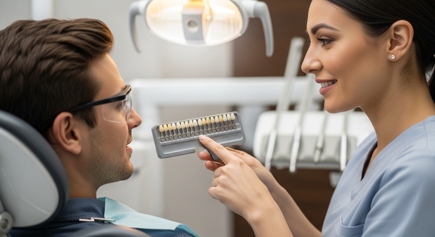 A dentist consulting a patient about teeth whitening in a modern clinic
