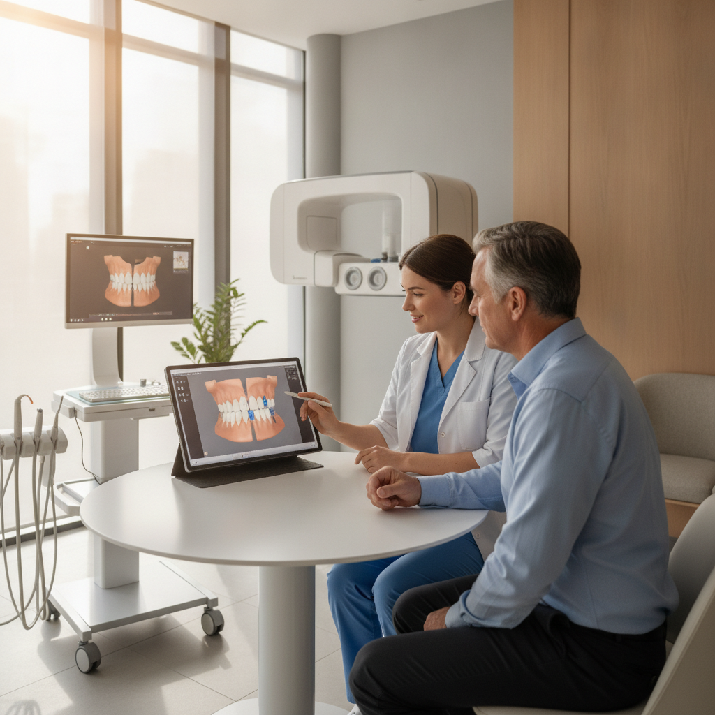 Dentist consulting with a patient about dental implants at Woodlawn Dental