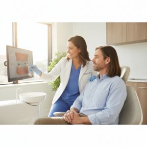 Dentist discussing treatment with a patient at Woodlawn Dental Center
