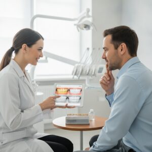Dentist discussing teeth whitening options with a patient